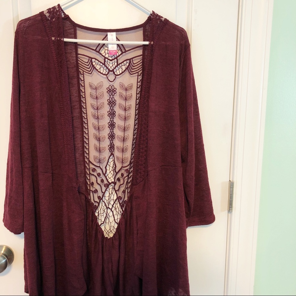 maroon aztec-style lace cardigan
